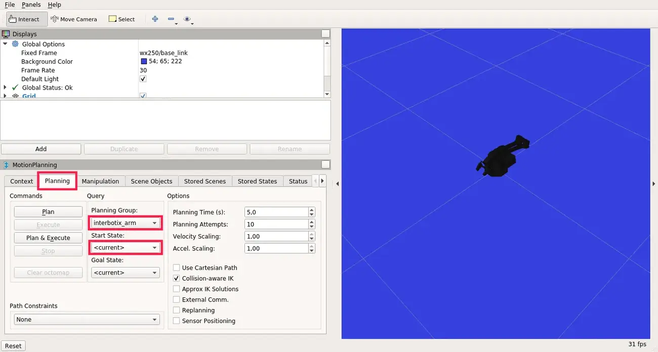Motion Planning tab of MoveIt